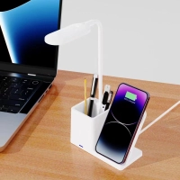 Cargador Inalámbrico 4 en 1, 15W, Portaboligrafo, Stand Celular y Lampara Escritorio.