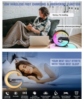 Cargador Inalambrico 4 en 1, con Parlante BT, Lampara y Reloj, 24x23x8 cm