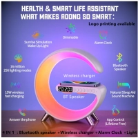 Cargador Inalambrico 4 en 1, con Parlante BT, Lampara y Reloj, 24x23x8 cm