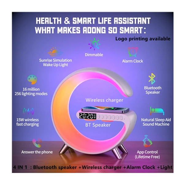 Cargador Inalambrico 4 en 1, con Parlante BT, Lampara y Reloj, 24x23x8 cm