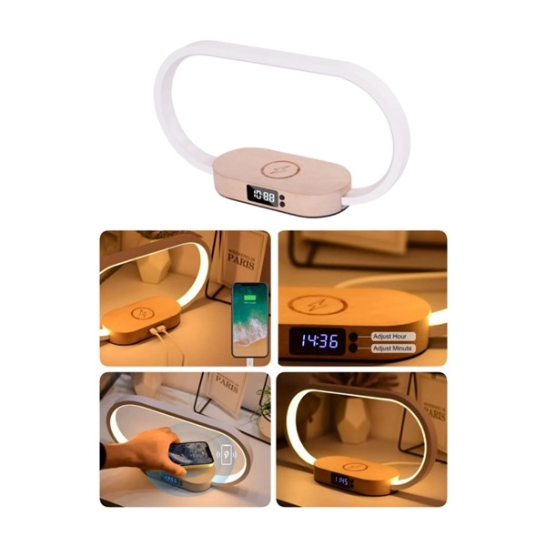 Cargador Inalambrico + Lampara + Reloj, en madera y Aluminio