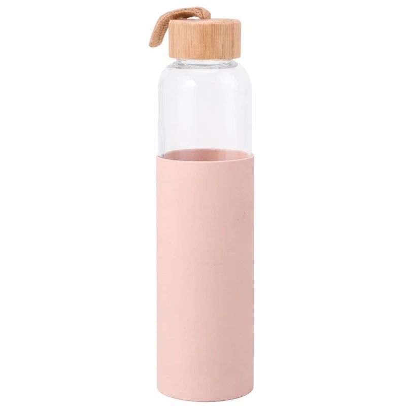 Botella de Vidrio 350 ml, grip de silciona, tapa de madera y cordon, 20x6.2