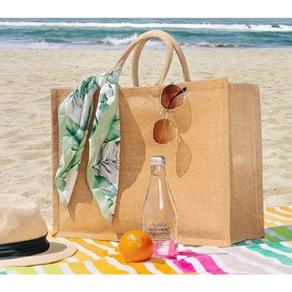 Bolso Amalfi, en Yute, manijas en cuerina, forro interno, de 38 x 36 x 12 cmts