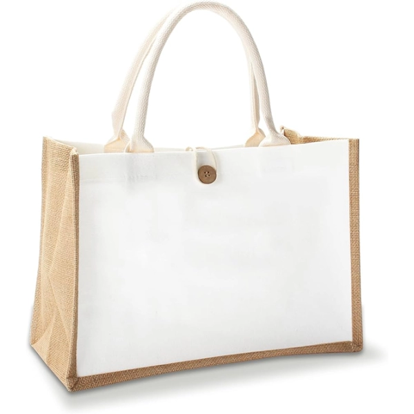 Bolso Luxury, en Yute con Lona Cruda, boton de madera, 40 x 35 x 12 cmts
