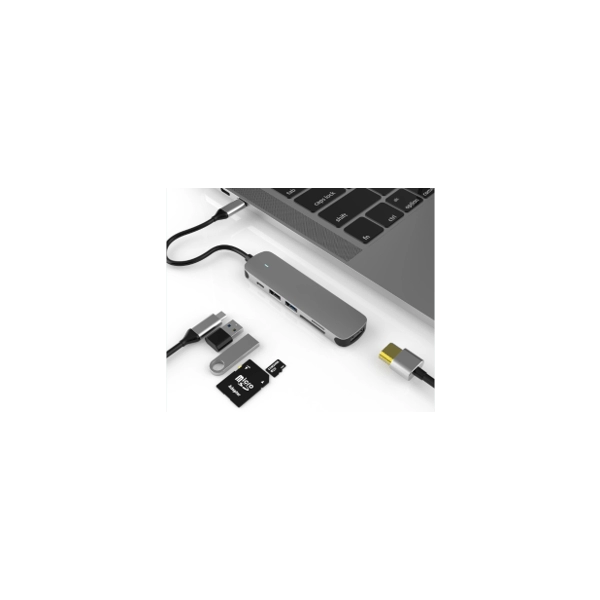 Hub Multipuerto 6 en 1 en aluminio, de 10.5 x 4.1 x 1.6 cmt