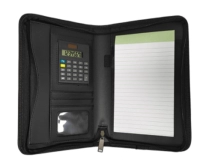 Carpeta Japon, en imitacion cuero, con calculadora y zipper, con block, 9" x 12"