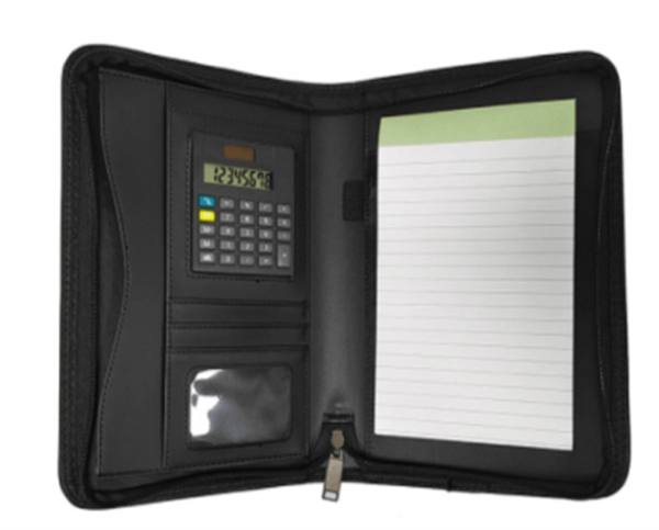 Carpeta Japon, en imitacion cuero, con calculadora y zipper, con block, 9" x 12"