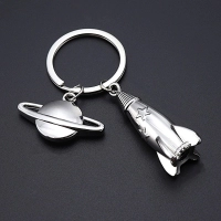 Llavero Metalico 3D con Cohete y Planeta, de 4.4 x 1.4 y de 2.3 x 3.5 cmts