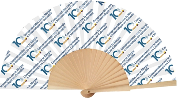 Ventilador o Abanico Manual, manija madera con poliester algodon, 23 x 3.5 cmts