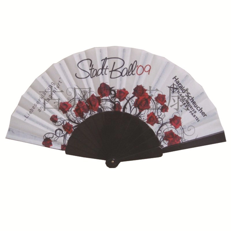 Ventilador o Abanico Manual, manija plastica con poliester algodon,   23 x 3.5 cmts