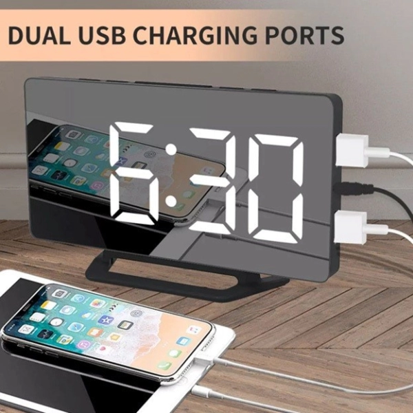 Espejo para Maquillaje con Reloj, Alarma y 2 puertos para Carga de Celular