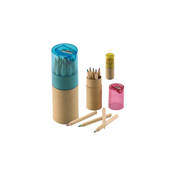 Set de Colores en tubo de Carton, con Sacapuntas. 10.5 x 3.5 cmts