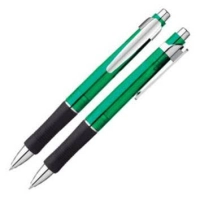 Boligrafo Page, plastico, con rubber negro de agarre y adornos metalizados,