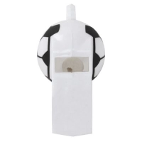 Pito plastico Collina, con cordon. Tamaño 5 x 1.8 cmts. Color blanco con diseño de futbol.