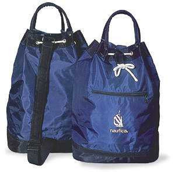 Tula Palmetto, bicolor, en lona, bolsillo al frente, con reata de colgar,  46 x 34 cmts